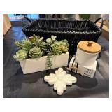 Decor basket, greenery, jar, riser