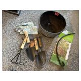 Pottery flower pot, garden hand tools, gloves,