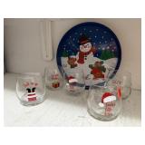 Snowman tray, stemless wine glasses