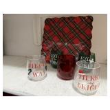 Plaid plastic tray, stemless wine glasses (5)