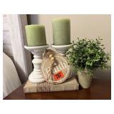 Candlesticks, book box, green plant, Faith tag