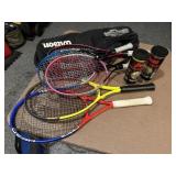 Bag of tennis, racquet ball racquets, tennis balls