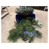 Tote of greenery, pine picks, wreath, floral foam