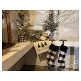Buffalo plaid stockings, hangers, runner, buckets,