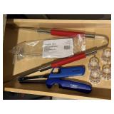 Pampered Chef whisk, grill tongs, whisk, lighters,