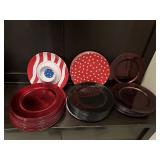 Red, black, wine plastic chargers (60+), serving