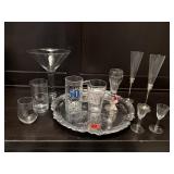 Silver tray, mixed lot of drink ware