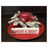 Merry & Bright sign, candle, candle ring