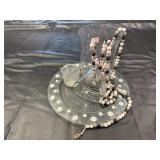 Glass plate, heart dish, candle holders, beaded