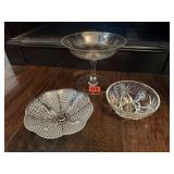 Antique pedestal dish, glass bowls