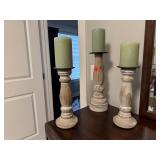 Wooden candlesticks (3), candles