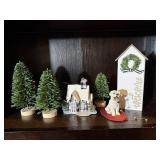 Christmas decorations, trees, houses, dog