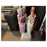 Gift wrap storage totes (2), wrapping paper