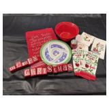 Merry Christmas blocks, holiday linens, plastic