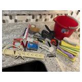Cleaning bucket, microfiber cloths, tools