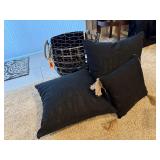 Wire basket, throw blanket, pillows