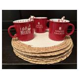 Woven place mat, Christmas mugs (3)