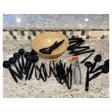 Party bowl, plastic serving spoons, tongs