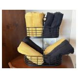 Wire tiered basket, black & yellow hand towels