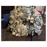 Flocked wreath, wrought iron wreath hanger