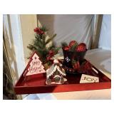 Holiday decor tray, gingerbread house, ornaments