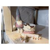 Gnome, heart doilie, pink rope basket, decor