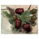 Storage tote, pine holiday spray, acorn glass