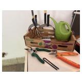 Garden tools, watering can, hose holders (2)