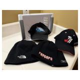 Storage bin, baseball caps, stocking hats