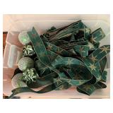 Storage tote, holiday ribbon, ornaments