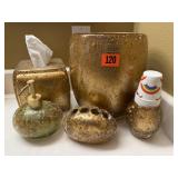 Gold flecked vanity set, trash bin, tissue box,