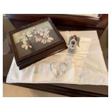 Vintage jewelry box, embroidered pillocase, angel