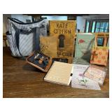 Tote bag, books, journals, manicure set