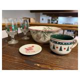 Mixed lot of holiday dishes, bowl, mug, stemware