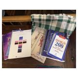 Plaid tote bag, song books, Praise music