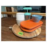 Pampered Chef lazy susan, egg cooker, food