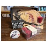 I Love You sign, owl paperweight, candles, hand