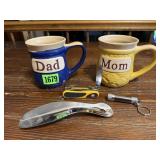 Mom & Dad pottery mugs (2), Swiss Army knife,
