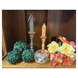 Spindle birdhouses (2), florals, greenery, candle