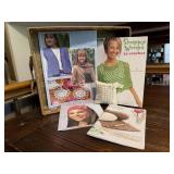 Crochet books, pin cushion, woven tray