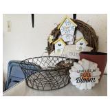 Birdhouse wreath, Full Bloom shelf sitter, wire