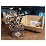Storage crate, floral decor, fall lights