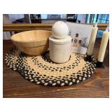 Pampered Chef wooden bowl, braided chargers,