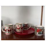 Red tray, Christmas mugs (4)