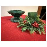Red tablecloth, holiday platter, vintage candle