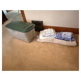 Tote of bedding, comforter, sheets, pillowcases