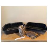 Enamel pans, clothespins, corn knife, livestock