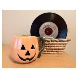 Woven basket, record, jack-o-lantern