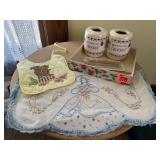 Needlepoint runner, squirrel baby bib, crochet