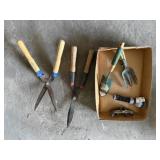 Gardening hand tools, hedge clippers, sprayer,